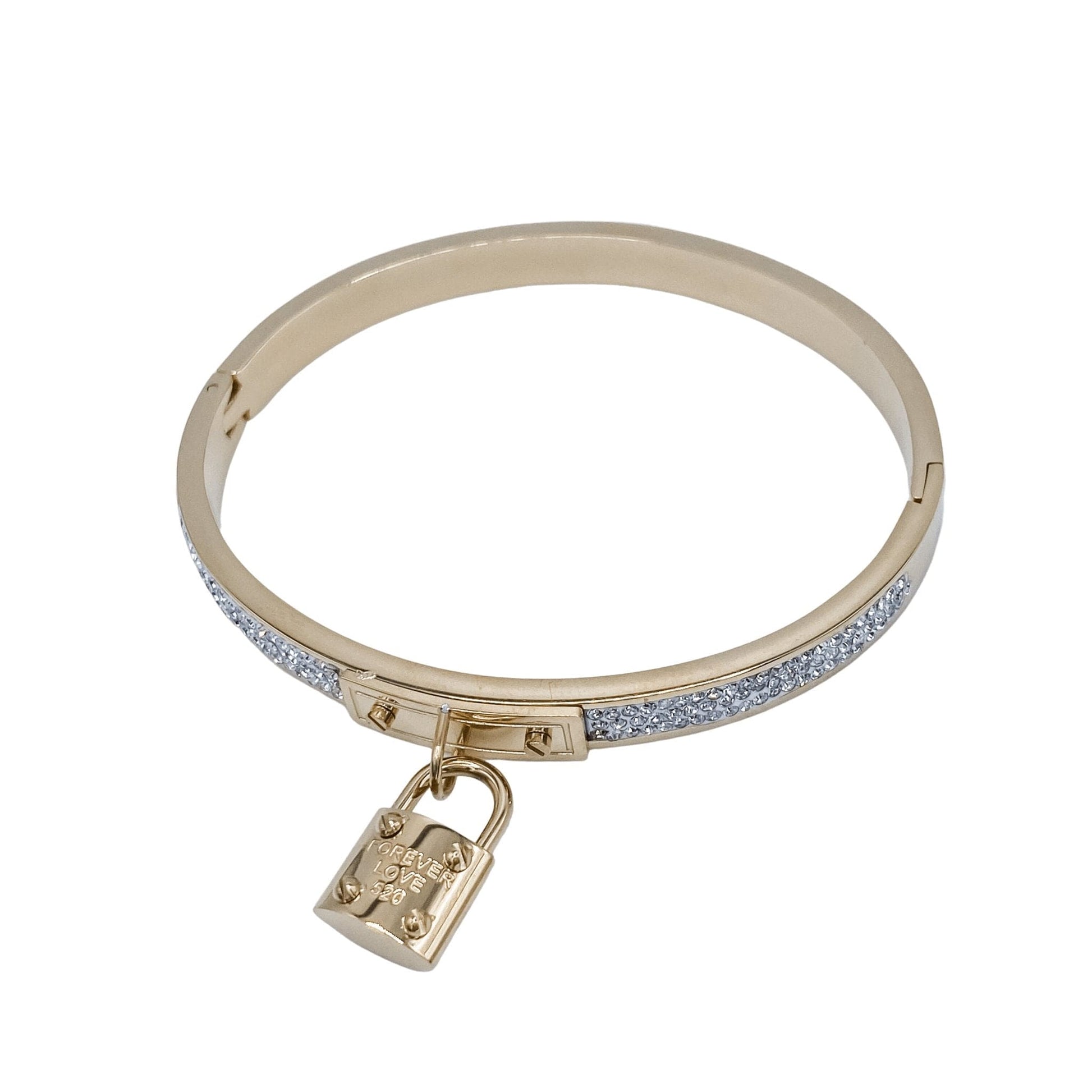 gold bangle bracelet with a lock charm