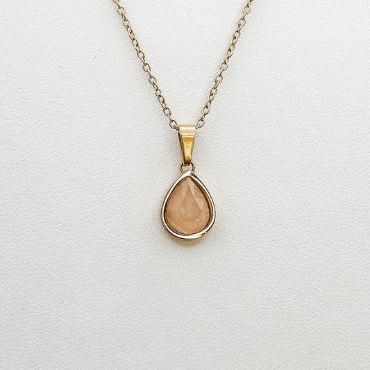 drop shape  rose quartz stone in gold plated setting  necklace