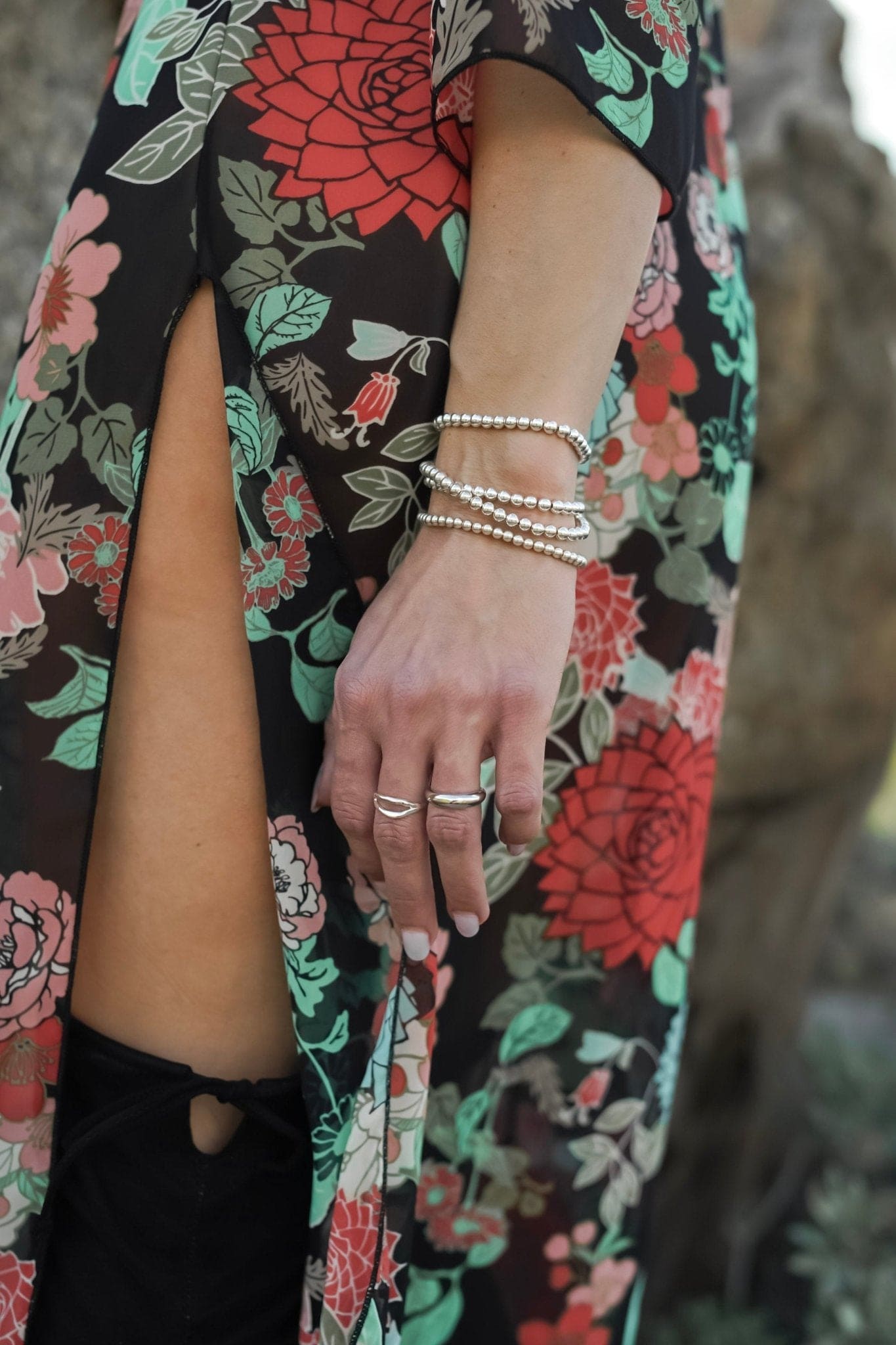 sterling silver beaded bracelet on model