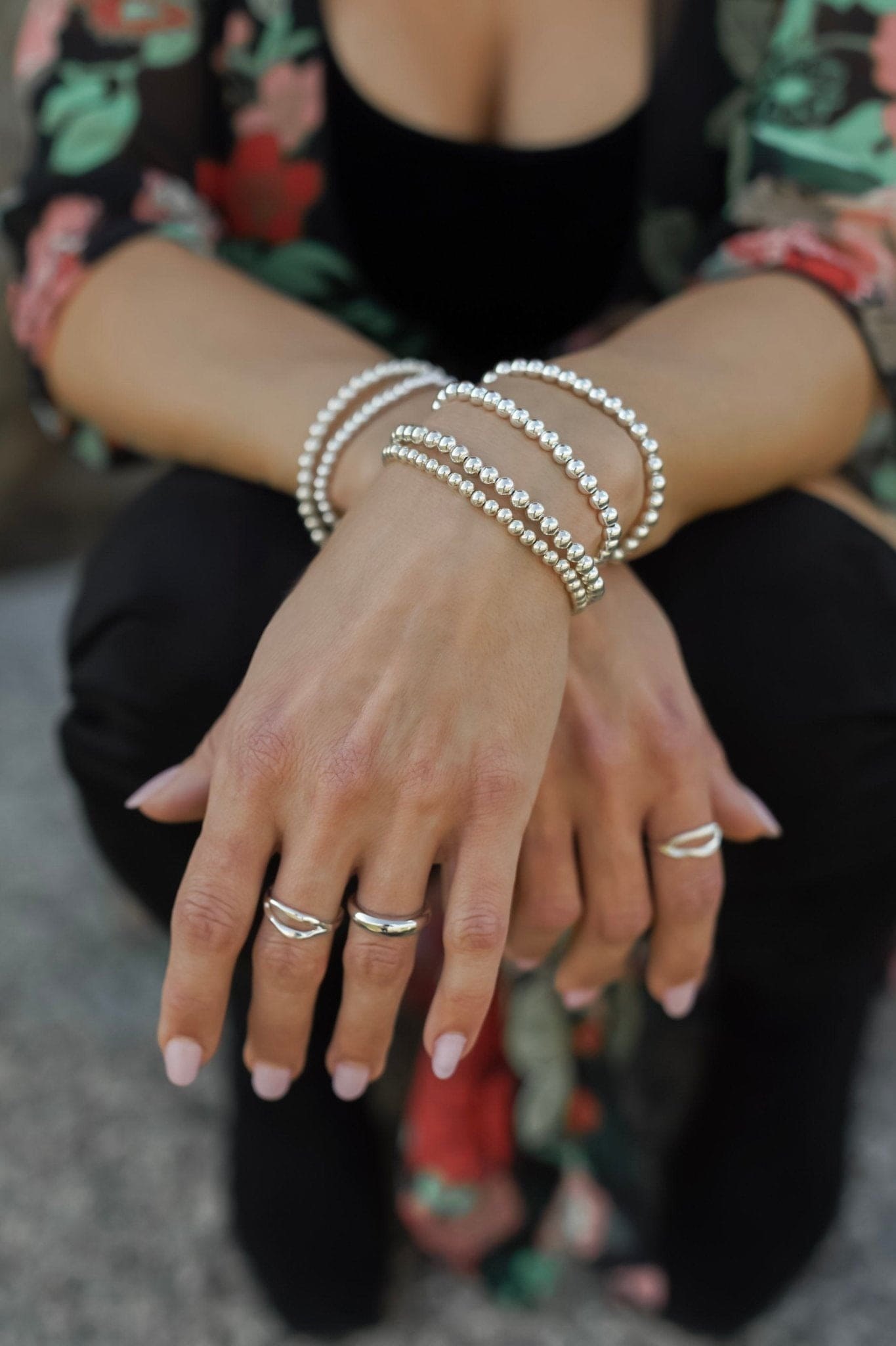 sterling silver beaded bracelet on model