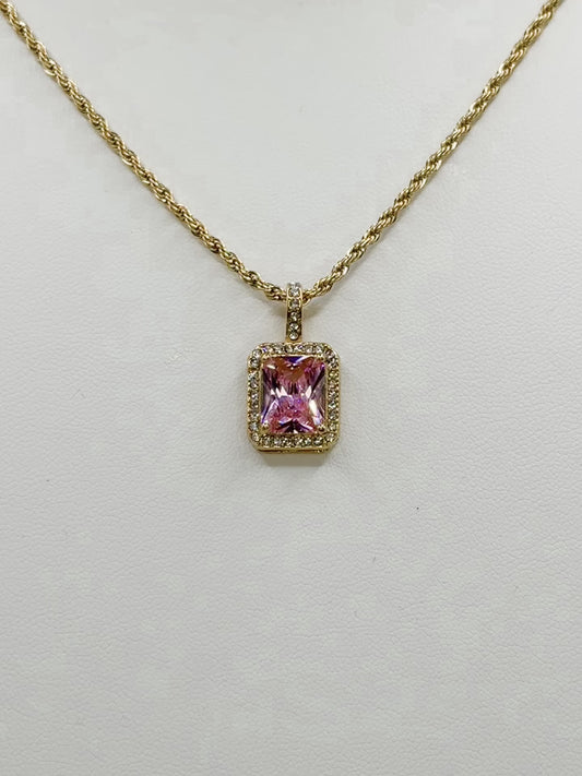 Pink Square Pendant on Rope Chain