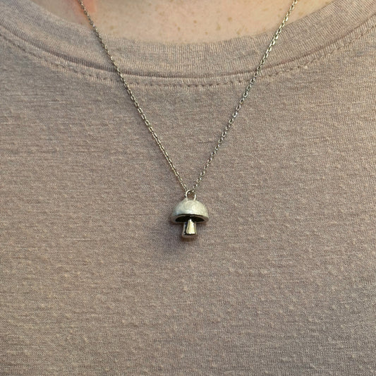sterling silver mushroom pendant necklace on model