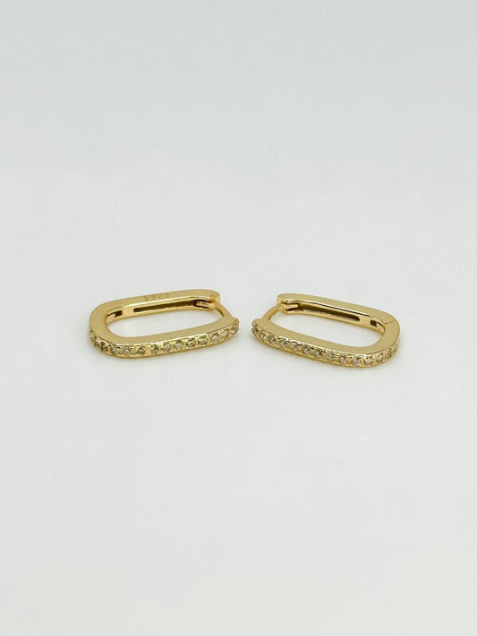 gold square shaped huggie style hoop earrings with cubic zirconia stones